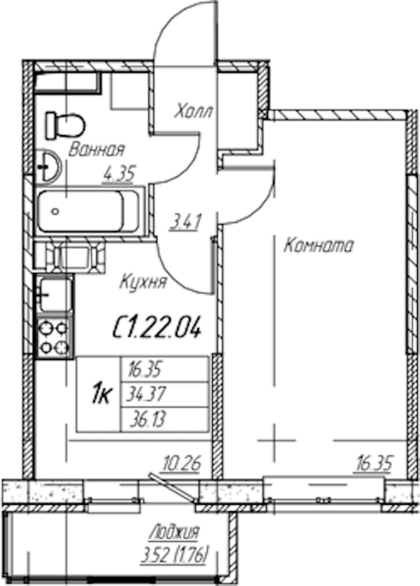 1-комнатная квартира 36.13 м², 22/22 эт., ЖК «Парк-квартал Юнтолово»